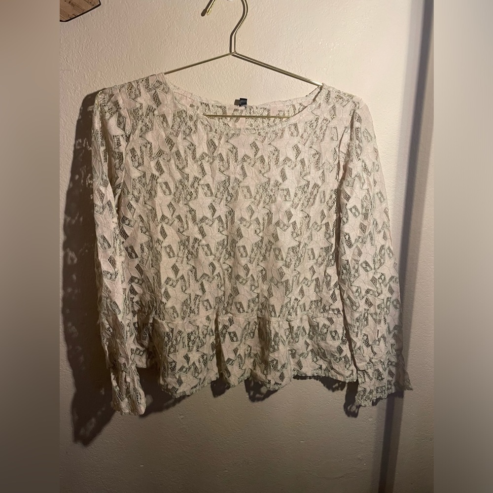 Myifu women’s lace star cream, long sleeve see-through top-XL